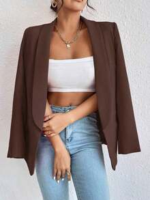 Chaqueta de traje informal con solapa verde con estampado de frutas, abotonadura sin abrochar, estilo suelto y casual, para primavera y otoño, versátil para el trabajo y el día a día, con un estilo maduro y ligero - Marrón Chocolate - Ver 5