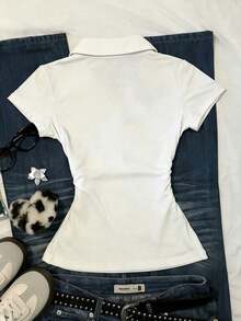 Camiseta casual de mujer con ribete de contraste y cintura fruncida, para verano - Multicolor - Ver 2