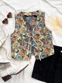 Chaleco vintage de mujer estampado sin mangas con correas, informal - Azul y blanco - Ver 3