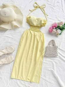 Vestido largo con espalda calada y lazo, cuello drapeado, lazo en la cintura, abertura alta, adecuado para vacaciones, festivales de música, estilo bohemio, vacaciones, citas, té de la tarde - Mostaza Amarilla - Ver 4