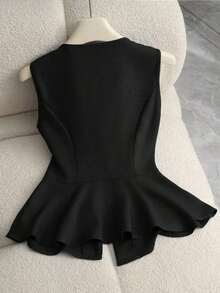 camiseta de tirantes sin mangas con cuello en V y diseño de hebilla metálica minimalista y elegante que estiliza la cintura, para mujer, de verano - Negro - Ver 2