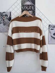 SJD MODA LADY Women's Striped Modal Knit Sweater, Solid Cropped Top For Women, Perfect For Autumn, Winter, LA Top, Off-The-Shoulder, Round Neck, Long Sleeves, Daily Wear, Office, Magazine Style, , Romantic, Retro, Casual, Chic, College, Minimalist, Versatile, Korean, Y2K, Teen, Youth - 條紋棕白色 - 查看 1