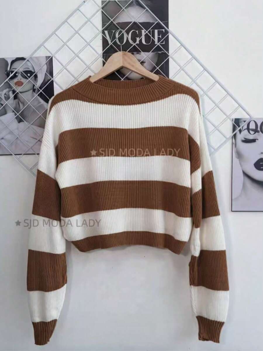 SJD MODA LADY Women's Striped Modal Knit Sweater, Solid Cropped Top For Women, Perfect For Autumn, Winter, LA Top, Off-The-Shoulder, Round Neck, Long Sleeves, Daily Wear, Office, Magazine Style, , Romantic, Retro, Casual, Chic, College, Minimalist, Versatile, Korean, Y2K, Teen, Youth - 條紋棕白色 - 查看 1