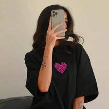 Camiseta de algodón puro con estampado de leopardo rosa y corazón, estilo dopamina, versátil, de manga corta, nueva moda de verano, informal. - Blanco - Ver 3