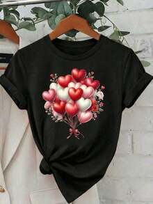 100% Cotton Women's Casual Black Short-Sleeved Round Neck T-Shirt With Heart And Balloon Print, Perfect For A Comfortable And Fashionable Look. - 黑色 - 查看 2