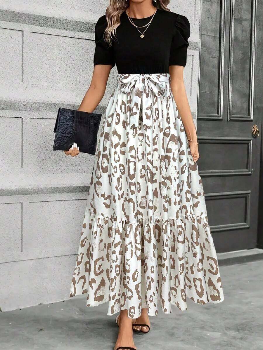 Vestido de línea A de Keke Bloomly para mujer, elegante manga abullonada con detalle de lazo en la cintura, cuello redondo, lavable a máquina, casual y semi-formal, tela ligera, estampado de leopardo, para primavera y vacaciones de verano - Caqui - Ver 1