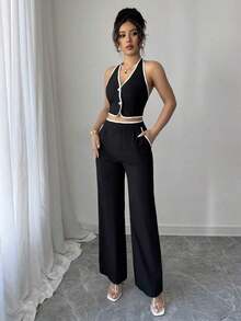 Conjunto de 2 piezas para mujer con top halter escotado en la espalda con ribete de color contrastante y pantalones largos - Negro - Ver 5