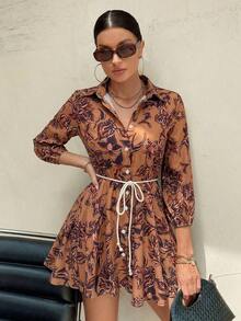 GENKIRA Vestido camisero con estampado todo sobre y cinturón, atuendos de trabajo y vacaciones para mujer - Multicolor 4 - Ver 6