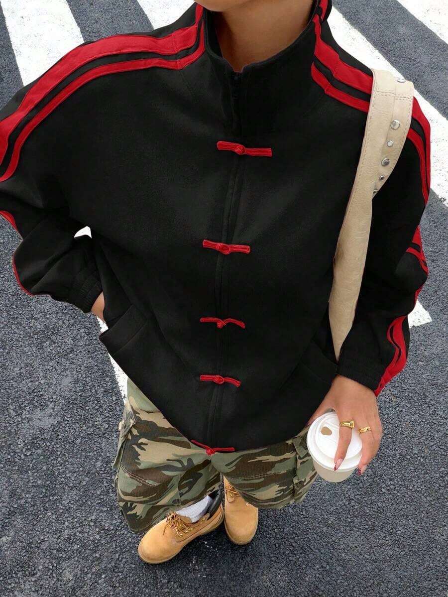 Chaqueta ligera con cremallera, cuello alto, contraste de rayas laterales y botones para mujer, estilo deportivo casual de moda para primavera/otoño - Negro - Ver 1