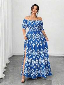 Vestido casual elegante de talla grande para mujer de primavera/verano, en azul sólido de aspecto de mezclilla con cintura fruncida y con abertura lateral - Azul y blanco - Ver 4