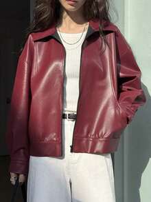 de cuero casual suelta con cremallera en la solapa, chaqueta exterior de manga larga - Burdeos - Ver 1