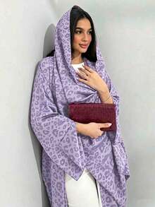 2pcs Set, Fashionable Minimalist, One Size, Matte Black Leopard Print, Women's Solid Color Middle Eastern Long Dress Set, Including Scarf, Elegant Open Front Robe - Mauve Purple - View 1