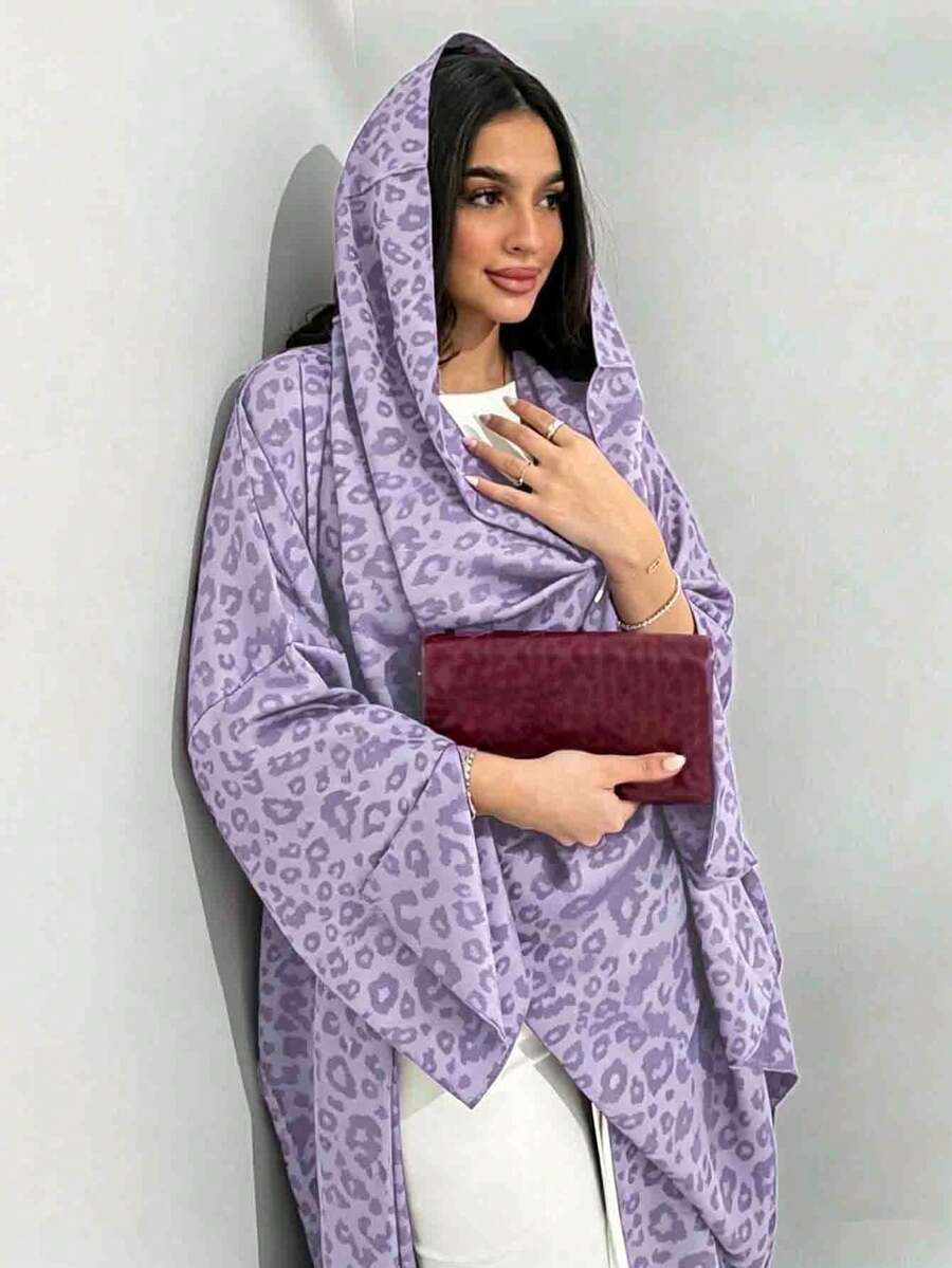 2pcs Set, Fashionable Minimalist, One Size, Matte Black Leopard Print, Women's Solid Color Middle Eastern Long Dress Set, Including Scarf, Elegant Open Front Robe - Mauve Purple - View 1