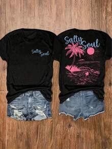 100% Cotton Women's T-Shirts 2026 With Letter And Beach Print, Round Neck T-Shirt, Casual Short Sleeve Top For Vacation, Korean Style Women's Clothing - Black - View 7