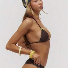 Resort Contrast Frill Bow Detail Bikini Top And Bottoms Knickers Set Bathing Suits  Summer Swim Beach Vacation Everyday Sexy Cute Travel Bambola - Marrón Chocolate - Ver 4