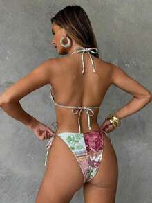 Conjunto de bikini con estampado de teñido anudado para mujer, traje de baño de mujer con decoración de concha iridiscente sexy para fiestas y festivales de música, atuendo de playa de vacaciones para mujer - Multicolor 4 - Ver 2