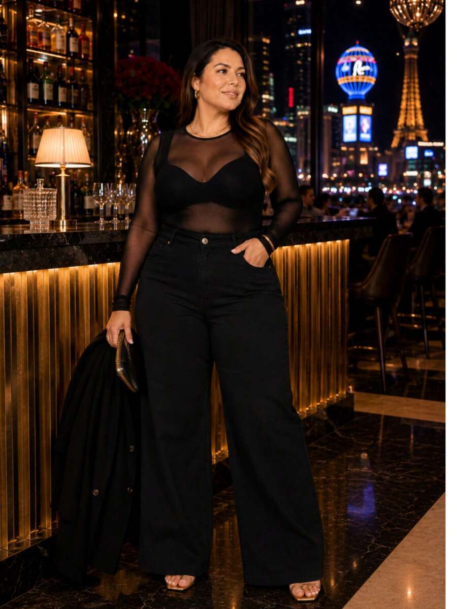 Women's Wide Leg Plus Size Jeans - High Quality - 黑色 - 查看 1