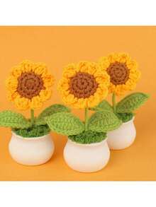 1 pièce/3 pièces Tournesol fait main au crochet, fleur artificielle tricotée, plante de tournesol en pot en bois, convient pour la voiture, le bureau, la salle d'étude, l'anniversaire, la chambre, le cadeau de décoration de la maison, la décoration de Noël créative d'hiver - tournesol - Voir 12