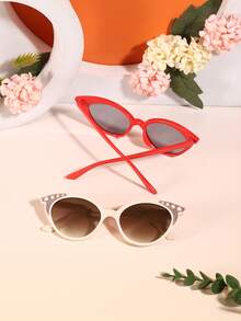 2 PCS Boy's And Girl's 4-9Y Retro Fun Cat Eye Fashion Glasses With Glitter Solid Color Polycarbonate Frame Soft Tinted Lenses Lightweight Suitable For Vacation Parties With Glasses Box - Multicolor - View 5