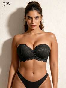 1pc Daily Wear Underwire Lace Racerback Bra, Removable Straps Can Be Replaced With Transparent Straps, Prevent Sagging - Black - View 1