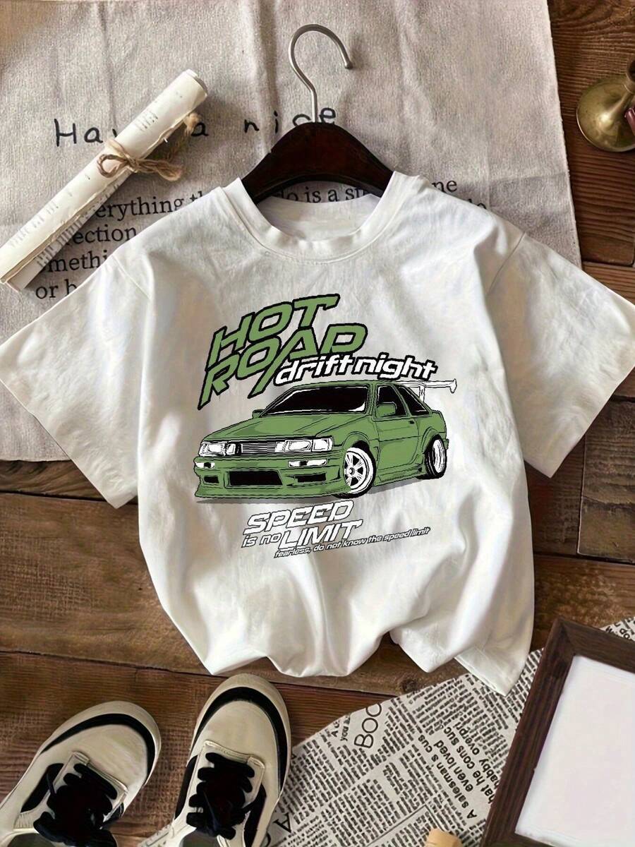 Camiseta Gráfica de Noche para Mujer - y Casual de Manga Corta con Cuello Redondo, Blanca con Diseño de Coche Verde, Colección Primavera/Verano, Lavable a Máquina, Atuendo de Primavera| Diseño Deportivo| Camisetas de Mujer de Elasticidad Media, Estilo Y2k - Blanco - Ver 1
