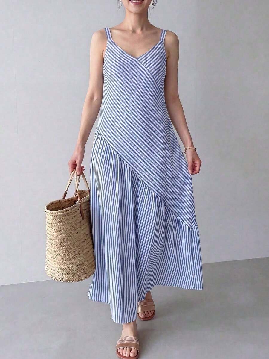 YHHEMERY ROSE Vestido casual de mujer con rayas y bajo asimétrico, para veranoYHH - Azul y blanco - Ver 1