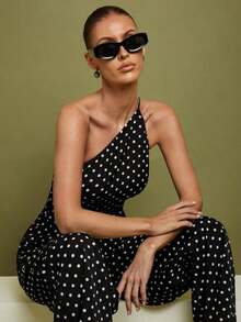Set de 2 piezas de Top con hombros y pantalones a lunares para mujer, uso casual minimalista de todos los días - Negro 2 - Ver 7