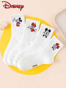 Disney 1/4/8 双装男女通用中筒袜 - 迪士尼米奇和米妮卡通可爱手捂脸图案简约白色设计 - 适合日常休闲穿着，四季皆宜 - 彩色 - 查看 6