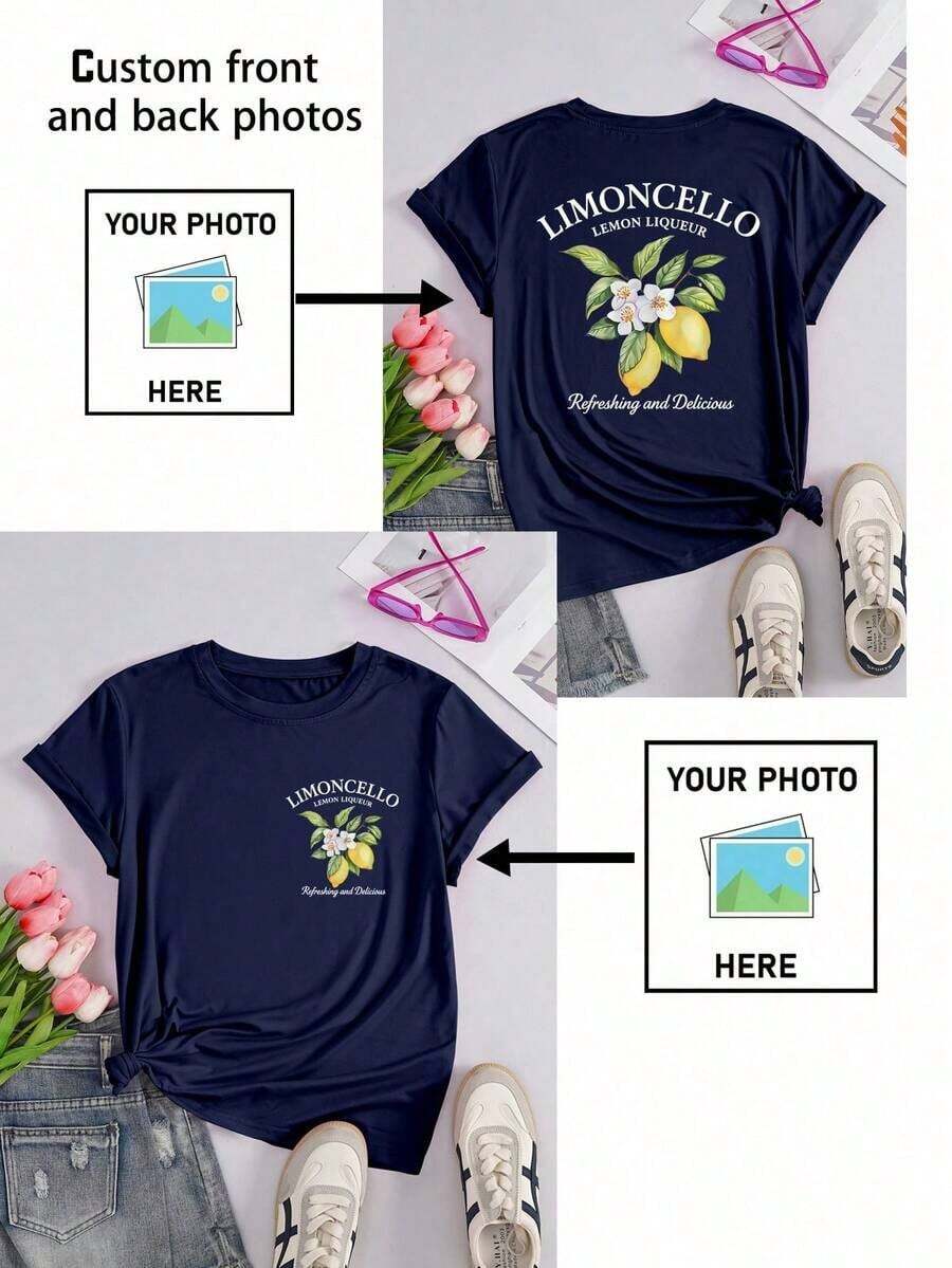 Personalized Women's T-Shirt - Add Your Text And Photos (Landscape/Badge/Couple/Family/Selfie/Pet), Printable On The Front And Back, Suitable For Summer Travel, Girlfriend Gift, Personalized Women's T-Shirt, Women's Top, Fashion, Casual, Minimalist, Personalized, Unique, Men's Clothing, Black Capsule Wardrobe, For The Family - 皇家藍 - 查看 1