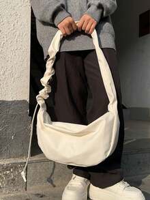 Fashionable Versatile Girl's Commuting Style High-Quality Soft Leather Large Capacity Adjustable Strap Pleated Cloud Shoulder Bag, Suitable For Spring/Summer, French Underarm/Crossbody Bag For Outing, School, Party, Gift - White - View 6