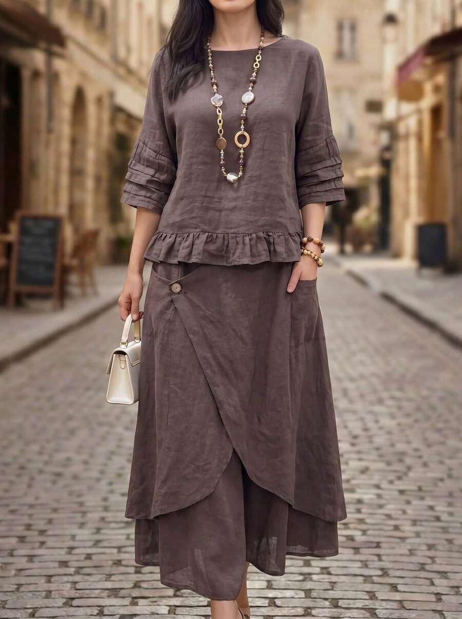 Elegaris Set de 2 piezas con top de unicolor casual y falda con bajo asimétrico, conjunto de verano - Marrón Mocha - Ver 1