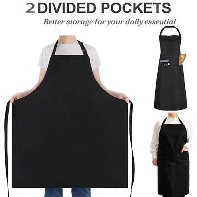1 chiếc tạp dề cỡ lớn, tạp dề nhà bếp ngoại cỡ có 2 túi, tạp dề unisex màu trơn có thể điều chỉnh, thích hợp cho nhà bếp, nhà hàng, quán bar, dọn dẹp, làm vườn - Màu đen