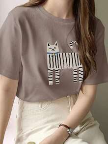Camiseta blanca de mujer con cuello redondo y estampado de gato, de manga corta, para primavera/verano, tops prepa de maestro Playeras Deportivas Para Mujer - Estilo VII - Ver 5