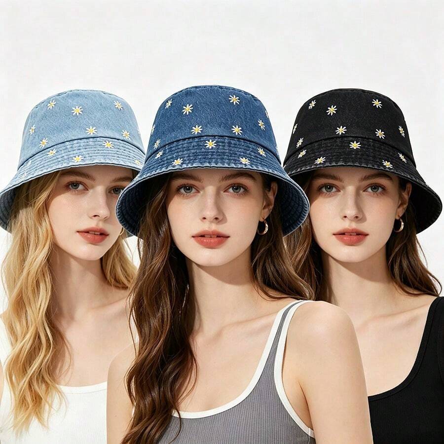 New Daisy Flower Bucket Hat For Women, Washed Denim Bucket Hat, Retro Casual Versatile Sun Protection Hat, Suitable For Spring, Summer, Autumn - Fisherman's Hat - View 1