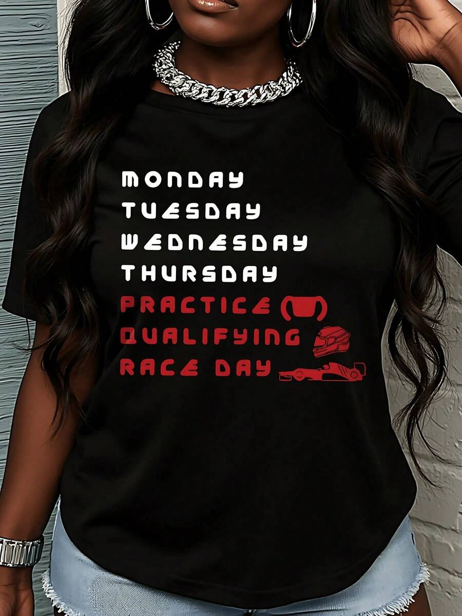 Camiseta de mujer de algodón puro con estampado divertido de días de la semana y temática de automovilismo, estilo casual moderno y suave para uso diario elegante - Negro - Ver 1