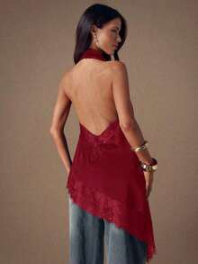 Top de satén con parches de encaje elegante sin espalda, blusa sexy de cuello halter sin mangas para fiestas, cócteles, ocasiones formales, Navidad y casual de negocios - Burdeos - Ver 8