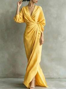 Robe élégante à col en V, manches longues, couleur unie pour femmes au printemps/automne, taille ajustée avec design de nœud latéral, tissu tissé non extensible, ourlet fendu jaune - Jaune citron - Voir 3