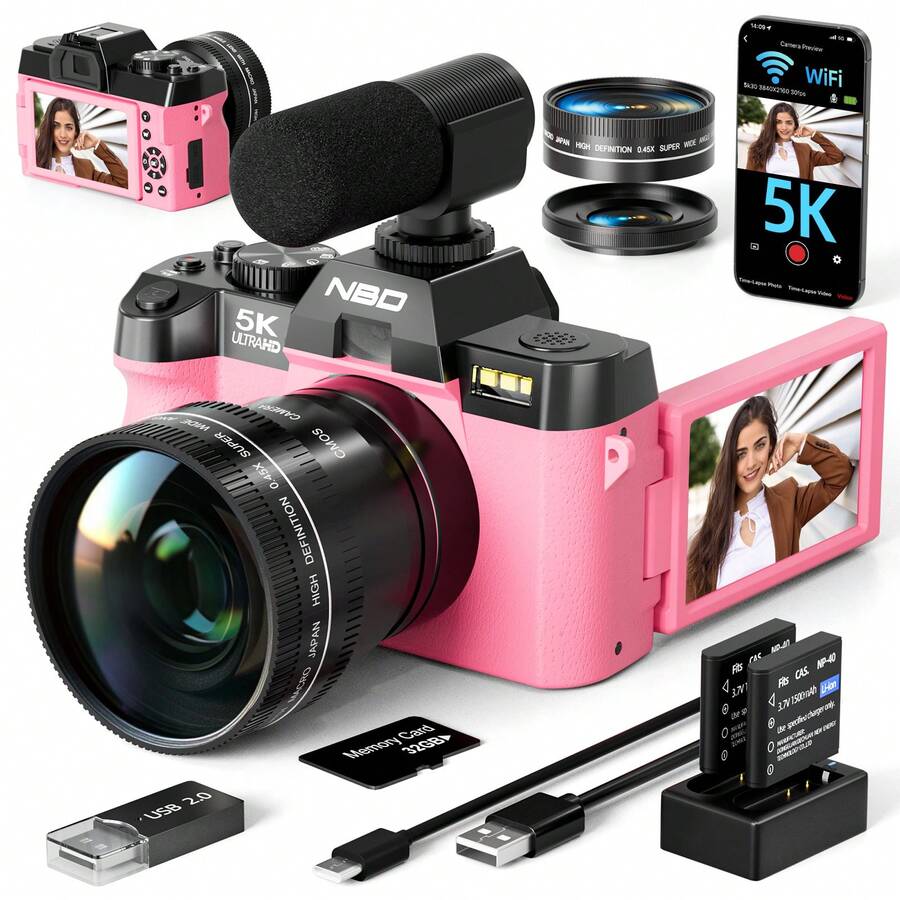 NBD 64MP 5K Resolution Digital Camera With External Microphone, Flip Screen, Suitable For Vlogging, Wide Angle & Macro Lens, 16X Digital Zoom, Built-In Flash, Support Selfie & Night Mode, Suitable For Beginners And Photography Enthusiasts - View 1