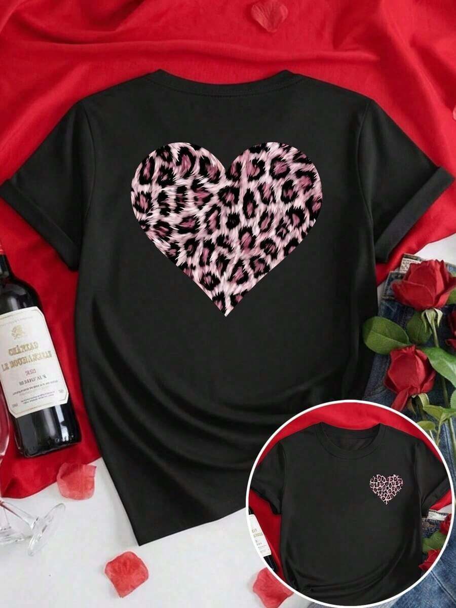 Plus Size Women's Short Sleeve T-Shirts, Ideal For Summer, Basic Everyday Tops, Short Sleeve T-Shirt With Front And Back Panels - Heart Print With Leopard Design, Heart Print - Spring/Summer Printed T-Shirt For Women, Fashionable Item, Breathable And Comfortable. - 黑色 - 查看 1