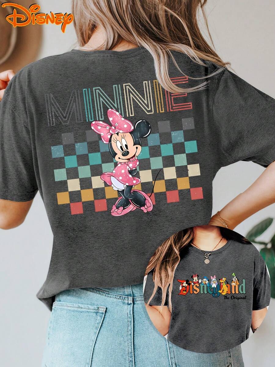Camiseta de cuello redondo de manga corta para mujer con diseño de Minnie Mouse de doble cara, estampado de acuarela de tablero de ajedrez de dibujos animados vintage, cómoda y transpirable para uso diario en primavera, verano y otoño, estilo vintage de moda para viajes a Disney, tallas S-XXL - Gris Oscuro - Ver 1