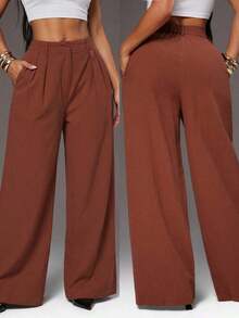 Pantalones anchos de pierna ancha de color café oscuro de moda minimalista para mujeres, pantalones de tela marrón de pierna ancha para el trabajo, pantalones de tiro alto de pierna ancha marrón para mujeres, pantalones de traje marrón para otoño/invierno - Café integral 2 - Ver 6