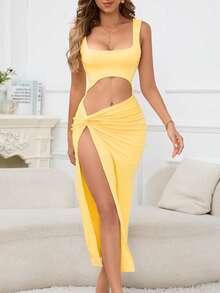 Bestseller Vestido Largo Sensual Sin Tirantes Diseño Hueco Color Solido - Amarillo - Ver 2