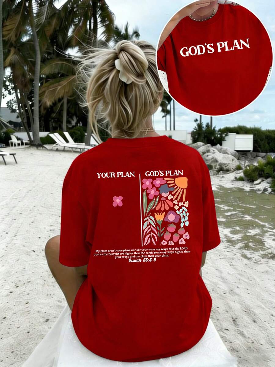 Vintage Women's Round Neck T-Shirt With Double-Sided Print, "God's Plan, Your Plan" (Isaiah 55:8-9), Floral Pattern T-Shirt, Casual Christian Faith Top, Soft And Lightweight Women's T-Shirt, Religious Gift, Breathable And Stylish. - 紅色 - 查看 1