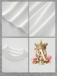 Graphic T-Shirt With Royal Initial A, Elegant Women's T-Shirt With Floral Design And Ornate Crown, Artistic Print, Unique Style, Soft And Comfortable Fabric, Perfect Gift For Her - 白色 - 查看 4