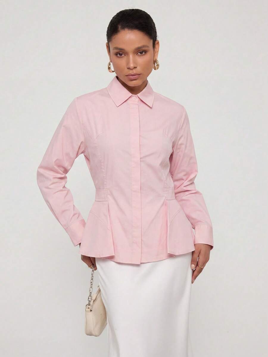 Áo sơ mi dài tay dáng xòe bằng vải chiffon, thoải mái, phù hợp mặc đi làm/đi nghỉ mát. - Hồng - Xem 1