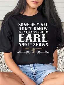 Camiseta de Mujer con Estampado Gráfico y Texto: "Algunos de ustedes no saben lo que le pasó a Earl" y muestra un diseño de alambre de espino y calavera. Ropa casual de verano. - Negro - Ver 6