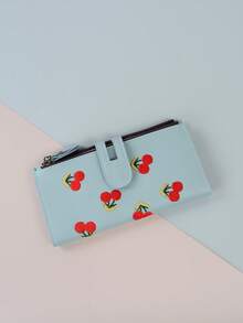 Women's Vertical Cherry Embroidered Short Minimalist Small Wallet, PU Water-Resistant Compact Cash Wallet, Suitable As Gift For Girlfriend - Dusty Blue - View 4