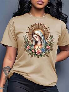 Camiseta Mujer Casual Manga Corta Cuello Redondo Moda 2026 Camiseta de manga corta para mujer, estampado floral de la Virgen María, cuello redondo, lavable a máquina, cómoda, suave, transpirable, adecuada para primavera, verano y otoño, corte holgado, casual, a la moda, para ir al trabajo, uso diario, sencilla, para reuniones de amigos, 100% algodón. Camiseta de manga corta cómoda, suave y sencilla para uso diario - Albaricoque - Ver 7