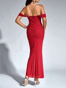 New Season Long Fitted Pleated Mesh Off Shoulder Dress - Red - View 2