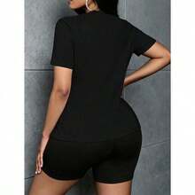 Camiseta de manga corta para mujer con estampado de letras, cuello redondo, ropa de verano para mujer, camiseta de verano - Negro - Ver 2